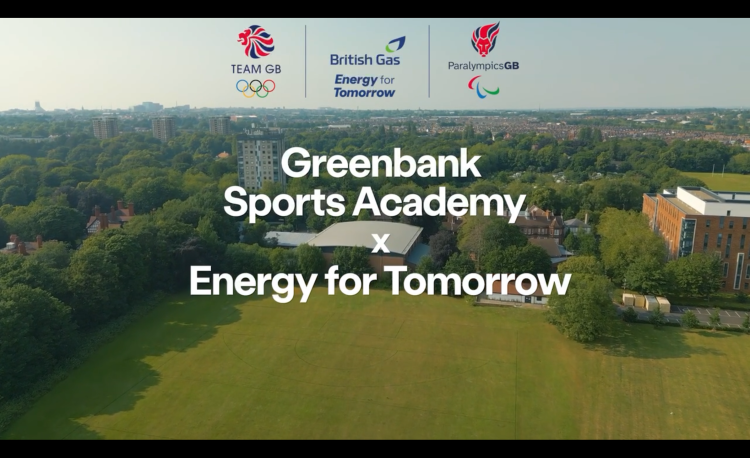 Academy building in background with white text reading Greenbank Sports Academy Energy for Tomorrow and logos of Team GB and Paralympic GB