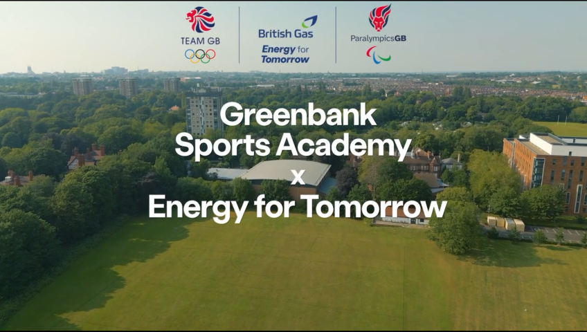 Academy building in background with white text reading Greenbank Sports Academy Energy for Tomorrow and logos of Team GB and Paralympic GB
