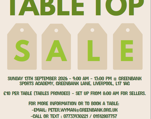 Table Top Sale in green large text and greenbnak logo at bottom.