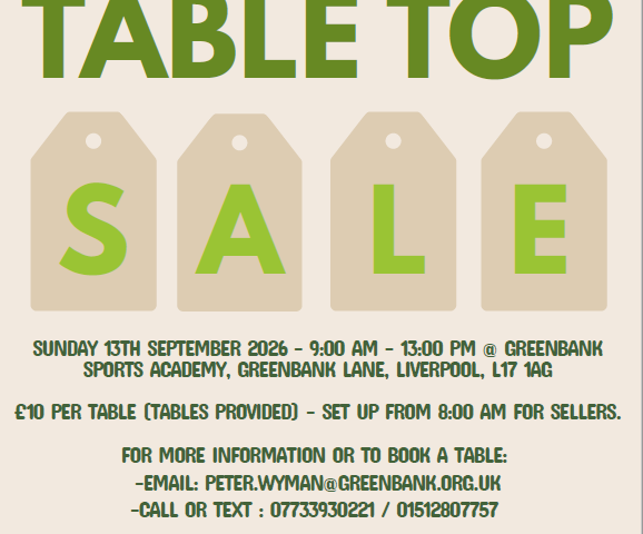 Table Top Sale in green large text and greenbnak logo at bottom.